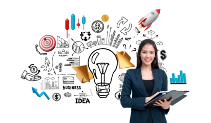 Businesswoman holding a clipboard with business doodles, lightbulb illustration, and icons on white background. Concept of idea and success