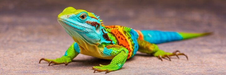 Obraz premium A banner of a bright lizard in close-up, showing off its bright scales and expressive eyes. An image for advertising or display on a showcase with space for text.