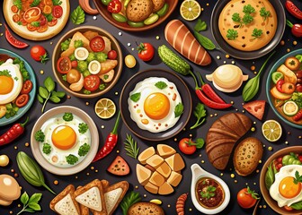 Vector Illustration Seamless Pattern of Chicken and Egg Dishes for Culinary Art, Food Design, Kitchen Decor, and Gastronomy Inspiration