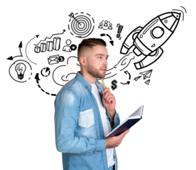 Man holding notebook, thinking with pencil, surrounded by startup-related doodles including rocket and growth charts, on white background, concept of new ideas and success