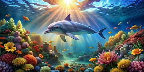 Fototapeta premium Vibrant 3D Dolphin Illustration in an Aquatic Wonderland - Free Fun Stock Photo for Ocean Lovers, Marine Life Enthusiasts, and Creative Projects