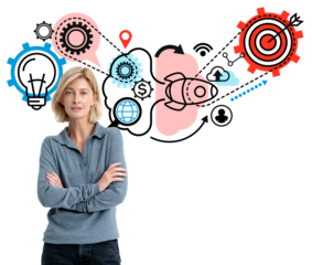 Businesswoman with crossed arms and startup concept icons including rocket launch, target, and lightbulb on white background. Concept of success