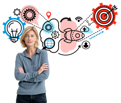 Businesswoman with crossed arms and startup concept icons including rocket launch, target, and lightbulb on white background. Concept of success