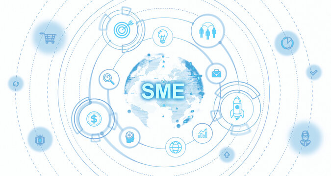 Infographic with SME text, icons for business elements around a globe. Blue on white background. Concept for small and medium enterprises