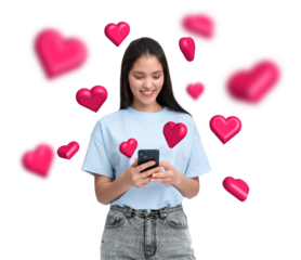 Woman holding a phone with red heart icons around her, smiling. Isolated on white background. Concept of social media, online interaction, technology