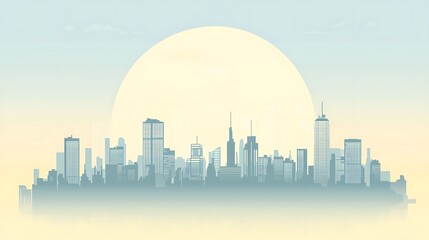 Naklejka premium Minimalist Cityscape Silhouette with a Large Sun.