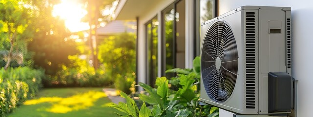A high-contrast, photorealistic image of an air source heat pump outside the house. The focus is on its sleek design and energy efficiency, set against modern architecture with large windows and green