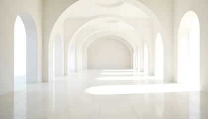 Fototapeta premium A minimalist, bright, and airy interior with white arched walls and a smooth, reflective floor