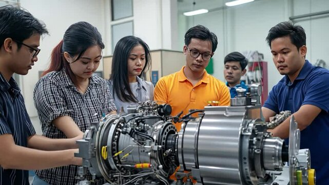 A diverse team from Thailand, Vietnam, and the Philippines testing quiet jet engines in a state-of-the-art aerospace lab, showcasing the future of aviation