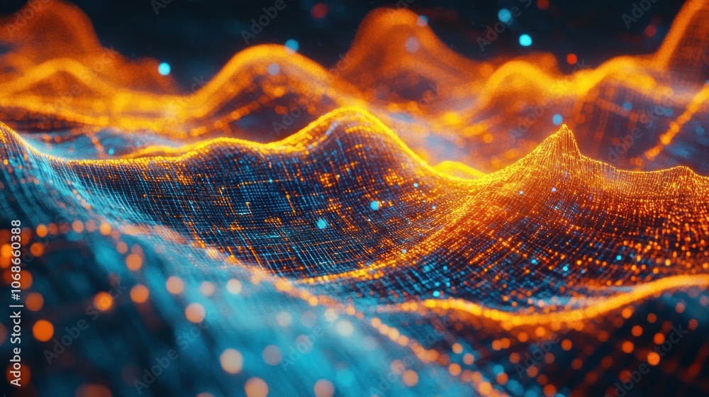 Poster 3D rendering of abstract digital particles. Futuristic wave with depth of field and bokeh. - Generated AI