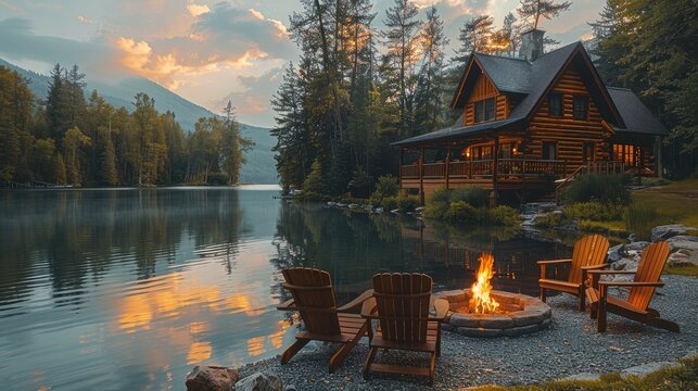 A log cabin by the lake with chairs around it and an outdoor fire pit. a beautiful lake house in the springtime, with a view of the lake, an aesthetic summer cottage.