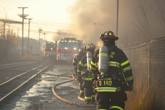 Firefighters in full gear approach fire trucks on a smoke-filled street at sunrise or sunset, with hoses trailing behind them along railway tracks.