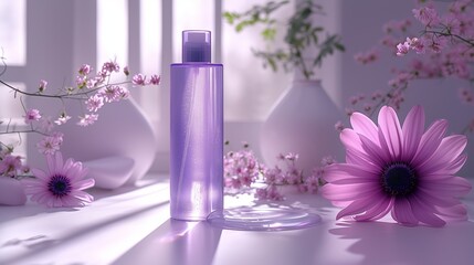 A bottle of shampoo surrounded by violet flowers on the purple background.