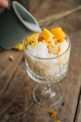 An ice cream bowl with coconut ice cream with mango sticky rice and coconut sauce