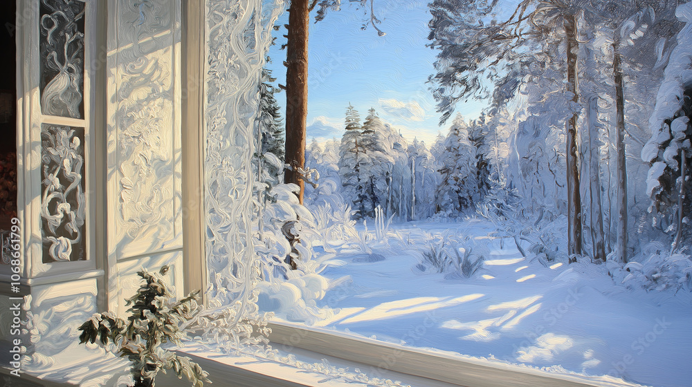Poster frosted window with a snowy landscape beyond