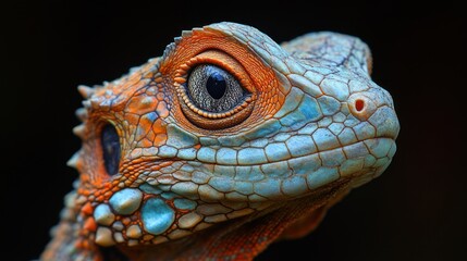 Close-up portrait of a colorful lizard with large eye.