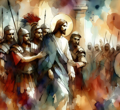 Abstract Bliblical illustration. Watercolour Painting and Illustrattion Jesus was arrested and taken away by Roman soldiers. Judas Iscariot betrayed Jesus Christ	