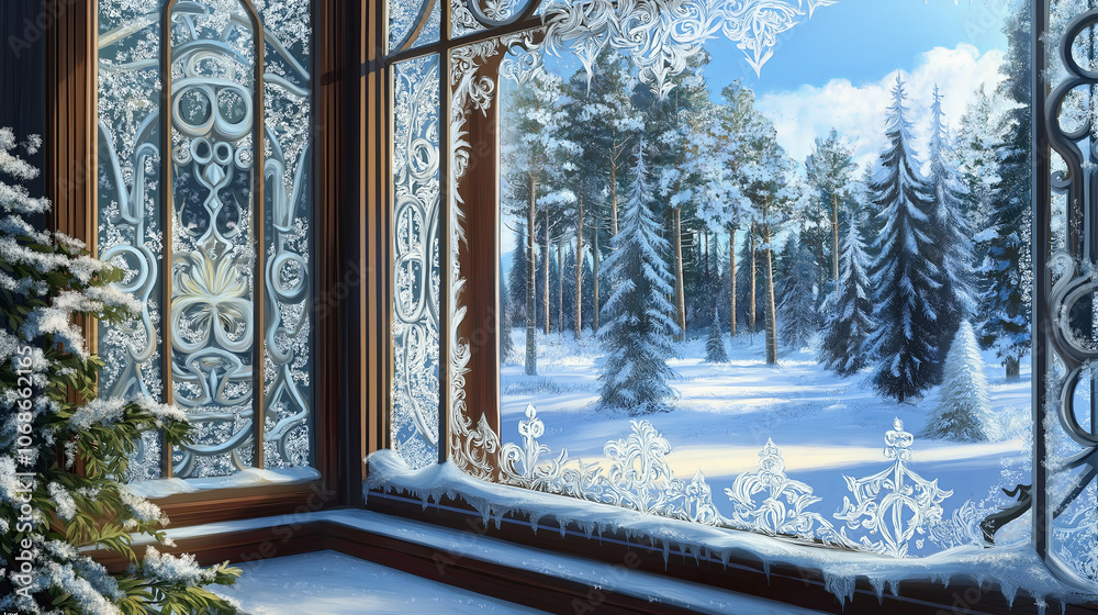 Poster frosted window with a snowy landscape beyond