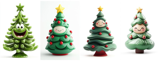 Set 3D rendering funny cartoon Christmas trees with eyes and smile on white background.