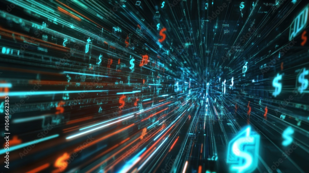 Poster futuristic technology background with glowing lines and numbers. 3d rendering - generated ai