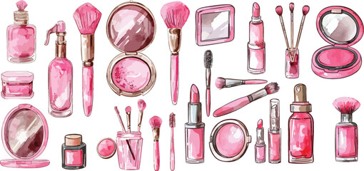 set of pink makeup accessories watercolor clipart © dian's