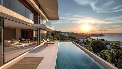 Luxury villa with a high angle roof, view of outside with pool.