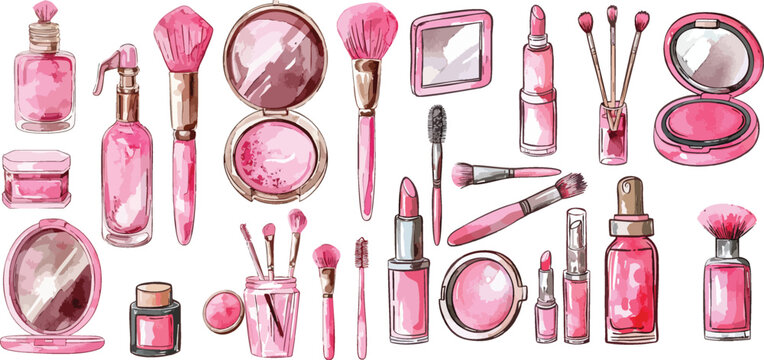 set of pink makeup accessories watercolor clipart