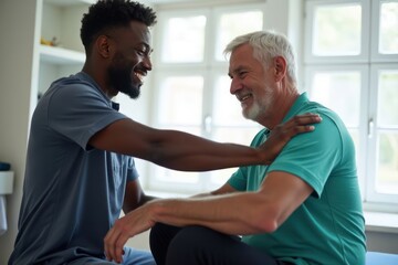 Obraz premium Black Doctor helps and advises the patient in the clinic. Concept of physiotherapy and a healthy lifestyle. Generative AI