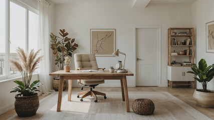 Boho chic home office with a minimalist design. The scene features a wooden desk adorned with decorative items and a comfortable chair. Potted plants add a touch of greenery to the space.