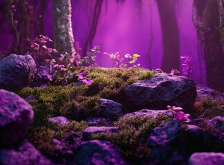 A mystical forest scene with purple lighting and moss-covered rocks, featuring pink flowers.