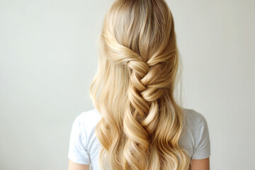 Fototapeta premium blonde beautiful hair of a young girl on a light background, back view of hair
