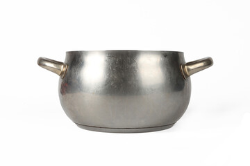 Empty stainless steel saucepan on a white background