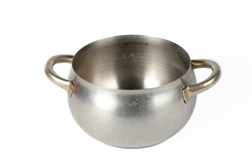Empty stainless steel saucepan on a white background