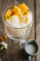 An ice cream bowl with coconut ice cream with mango sticky rice and coconut sauce
