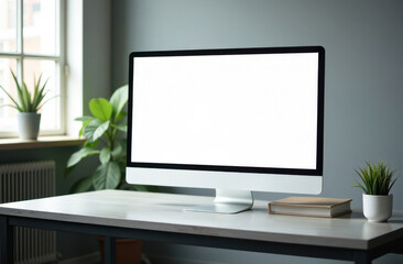 A bright and minimalistic workspace showcases a large blank computer monitor placed on a sleek desk. Lush green plants add a vibrant touch to this serene environment.