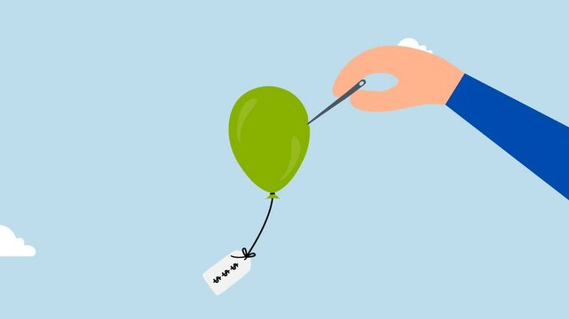 Reduce inflation by increase interest rate, 4k animation of Entrepreneur using a needle to pop a balloon representing inflation with a price tag attached. 