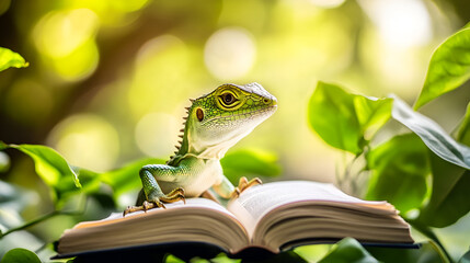 A lizard sitting on top of a book ,  A lizard sitting in a Magical Library , Young green lizard sitting on a book against tropical greenery background