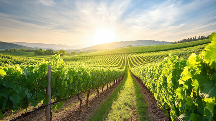A picturesque vineyard stretches into the horizon, bathed in warm sunlight, with lush green vines and a vibrant blue sky overhead.