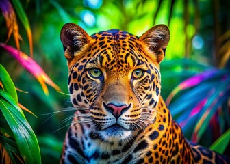 Fototapeta premium Vibrant Multicolored Leopard Portrait - Exotic Wildlife Photography, Colorful Animal Art, Nature Close-Up, Animal Portraits, Stunning Leopard Imagery, Wild Animal Photography