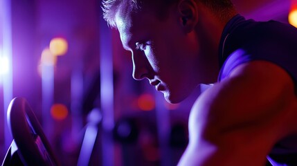 Obraz premium Focused Athlete on Stationary Bike in Gym Space