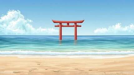 Red Torii Gate in the Ocean, Japanese Beach Scene.