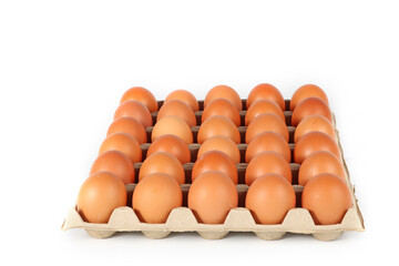 Thirty eggs in a cardboard egg carton with compartments on a white background