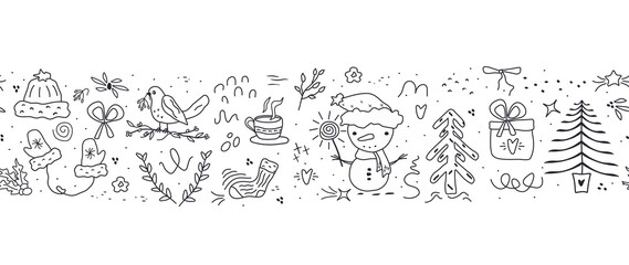 seamless pattern, Fir tree, stars, dots, snow,  line drawing. Holiday  elements are isolated on white background. Simple shape conceptfor winter season   party poster, banner, print. art illustration