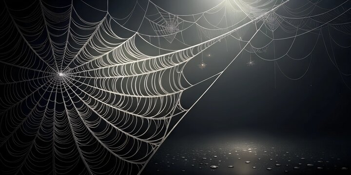 A large spider web hangs in a dark room with a single light source.