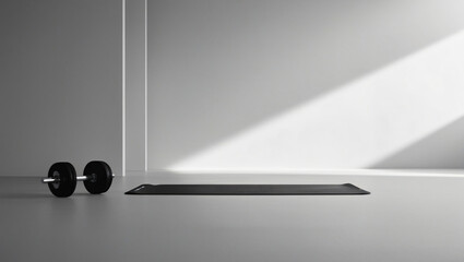Sports background, dumbbell on the floor in the fitness room. copy space