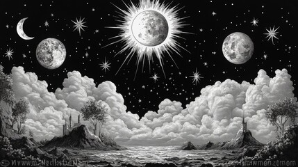 Illustration of astronomical signs in the sky with stars, sun & moon.