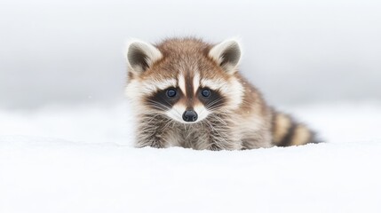 Obraz premium A cute raccoon cub exploring the snowy landscape, showcasing its distinctive facial markings and playful demeanor.