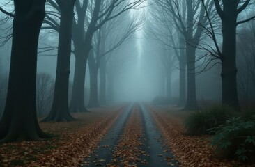 Fototapeta premium Foggy Forest Path with Fallen Leaves – Leading into the Distance, Evoking a Sense of Mourning