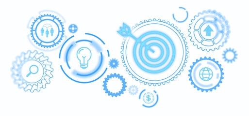 Abstract blue icons within gears, symbolizing business concepts such as innovation, goals, and teamwork, on a clean white background. Business concept © ImageFlow