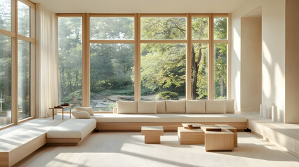 Fototapeta premium Modern Scandinavian Living Room with Light Wood Furniture, Cozy Beige Sofa, and Abundant Natural Light Streaming Through Large Windows
